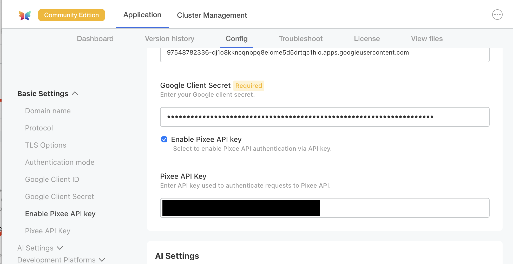 Pixee API Key configuration in admin console